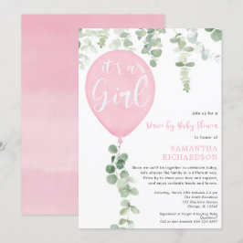 ドライブバイ ガール ベイビーシャワー ピンク風船 ユーカリ 招待状