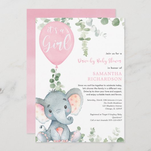 ドライブバイ·ガール·ベイビー·シャワーのかわいい象の緑 招待状 (正面/裏面)