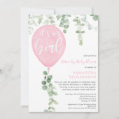 ドライブバイ·ガール·ベビー·シャワー·ピンク·バルーン·ユーカリ 招待状 (正面)
