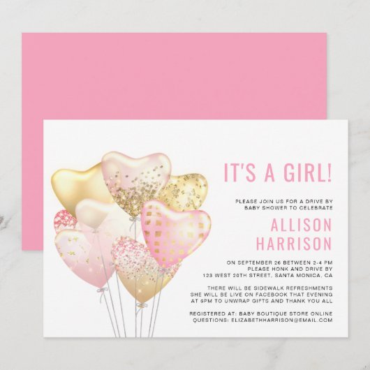 ドライブバイ ベイビー ガール シャワー ピンク グリッター バルーン 招待状 (正面/裏面)