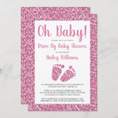 ドライブバイOhベビーピンクグリッター足ベビーシャワー 招待状 (正面/裏面)