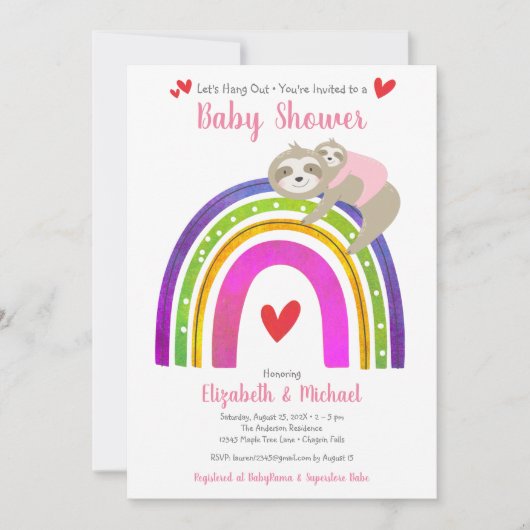 ドライブ通る女の子の赤ちゃんシャワーかわいいナマケモノ虹 招待状 (正面)