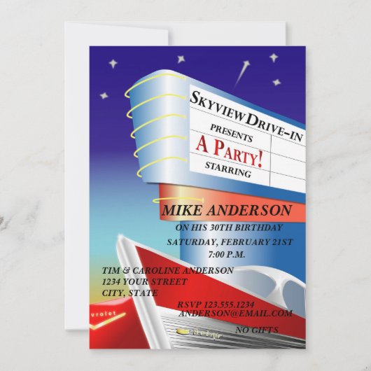 ドライブ・イン映画テーマの招待状 招待状 (正面)