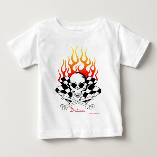 ドライブ! スカル、旗を競争させる交差させた骨炎 ベビーTシャツ (正面)