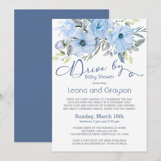 ドライブ バイ ベイビー シャワー ダスティ ブルー ウォーターカラー フローラル 招待状 (正面/裏面)