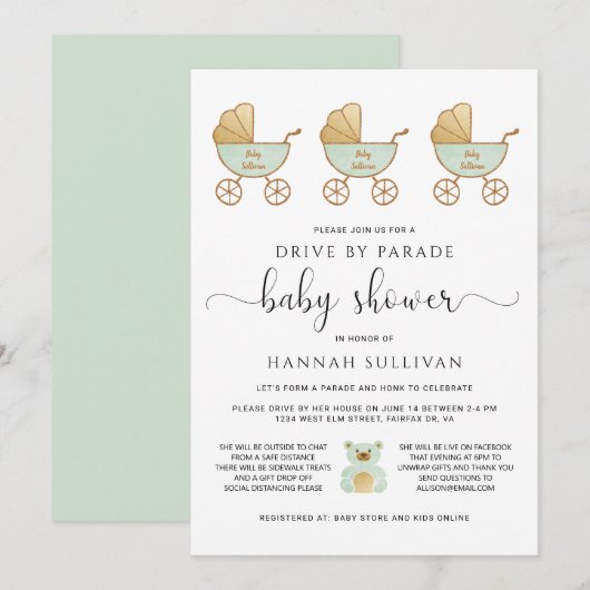 ドライブ・バイ・ベイビー・シャワー | レトロ・キャリッジ 緑 金 招待状 (正面/裏面)