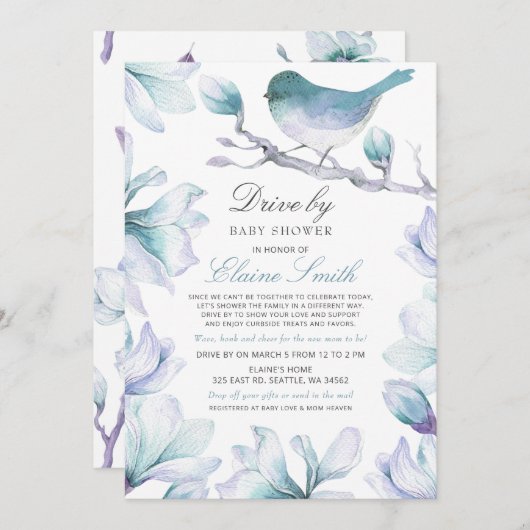 ドライブbyスイートバードブルーフローラボーイベビーシャワー 招待状 (正面/裏面)