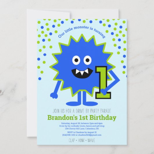 ドライブBy青かわいい小さなモンスターボーイ誕生日1日 招待状 (正面)