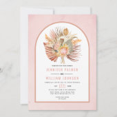 ドライ パームとパンパス グラスのソフト ピンク ウェディング 招待状 (正面)