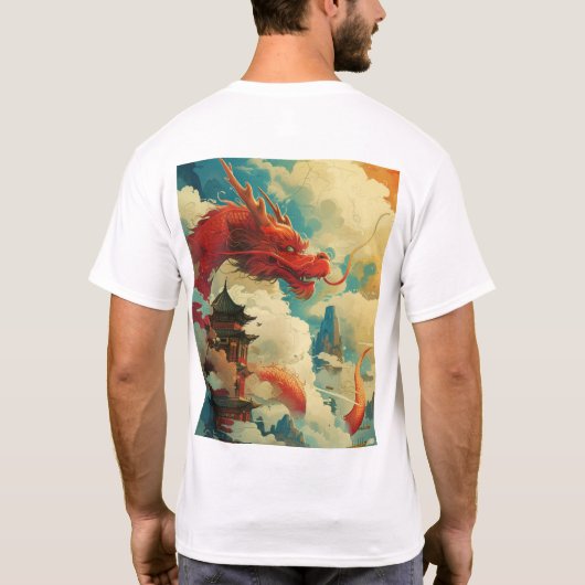 ドラグ伝統的ン中国のレッド漫画スタイルTシャツ Tシャツ (裏面)