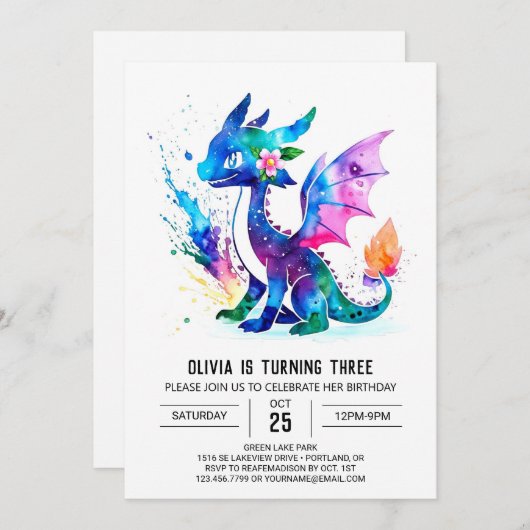 ドラグ色彩の鮮やかランドデジタカラフルル女子誕生日 招待状 (正面/裏面)