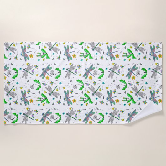 ドラゴンお洒落ハエとタンポポの手描き ビーチタオル (正面)