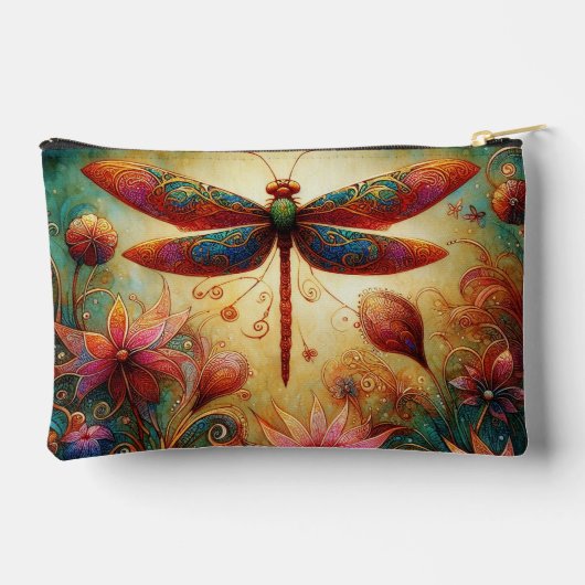 ドラゴンお洒落フライフローラ抽象芸術アートティール（緑がかった色）ピンク アクセサリーポーチ (裏面)