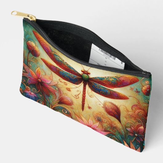 ドラゴンお洒落フライフローラ抽象芸術アートティール（緑がかった色）ピンク アクセサリーポーチ (見開き)
