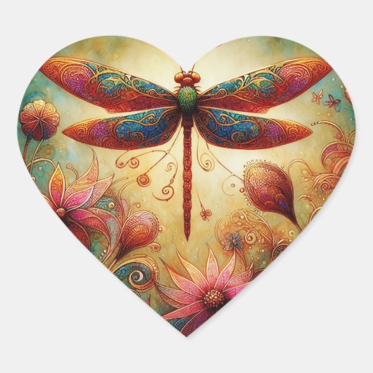 ドラゴンお洒落フライフローラ抽象芸術アートティール(緑がかった色)ピンク ハートシール (正面)