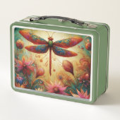 ドラゴンお洒落フライフローラ抽象芸術アートティール(緑がかった色)ピンク メタルランチボックス (裏面)