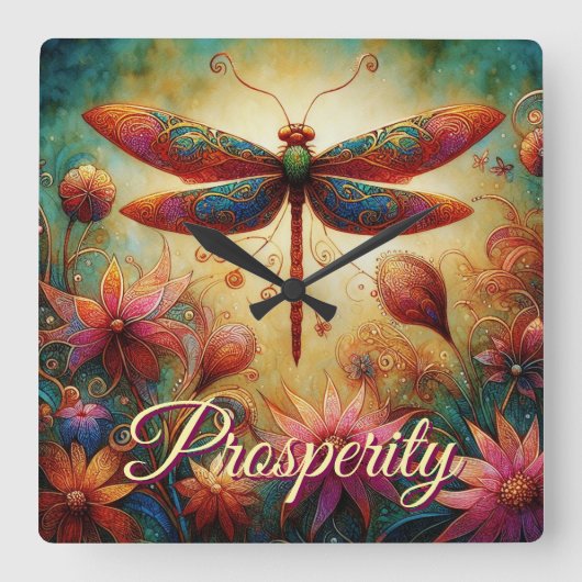 ドラゴンお洒落フライフローラ抽象芸術芸術の繁栄 スクエア壁時計 (正面)