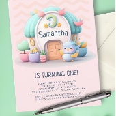 ドラゴンがいる小さな家の女の子の赤ちゃんの誕生日パーティー インビテーションポストカード