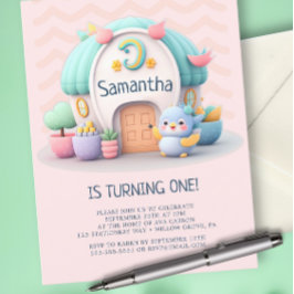 ドラゴンがいる小さな家の女の子の赤ちゃんの誕生日パーティー インビテーションポストカード