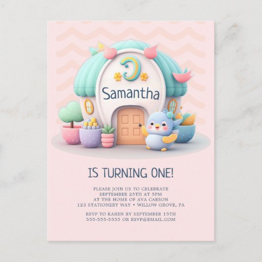 ドラゴンがいる小さな家の女の子の赤ちゃんの誕生日パーティー インビテーションポストカード (正面)