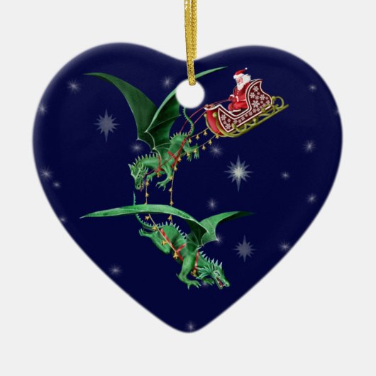 ドラゴンが付いているサンタのそり セラミックオーナメント (正面)