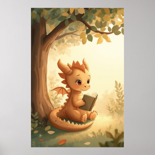 ドラゴンが本を読む子供部屋のファンタジーストーリーブック ポスター (正面)