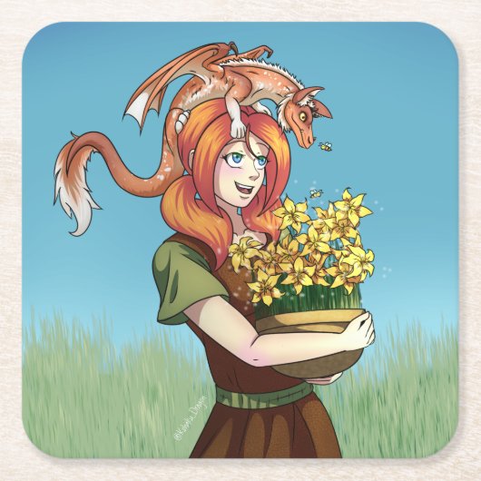 ドラゴンで花を集める スクエアペーパーコースター (正面)