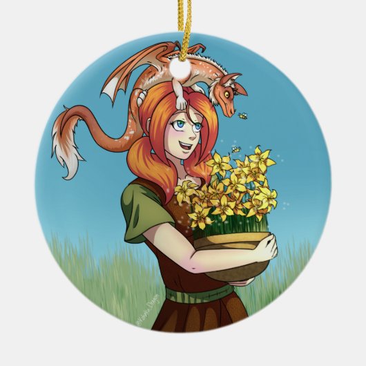 ドラゴンで花を集める セラミックオーナメント (正面)