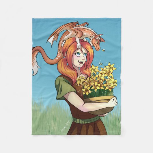 ドラゴンで花を集める フリースブランケット (正面)