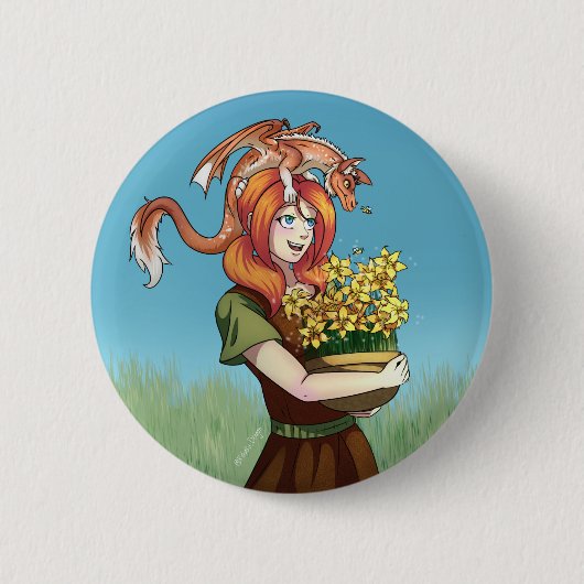 ドラゴンで花を集める 缶バッジ (正面)