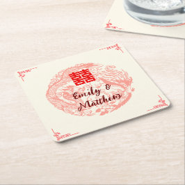 ドラゴンとフェニックス中国のベージュ結婚レッド スクエアペーパーコースター