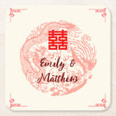 ドラゴンとフェニックス中国のベージュ結婚レッド スクエアペーパーコースター (正面)