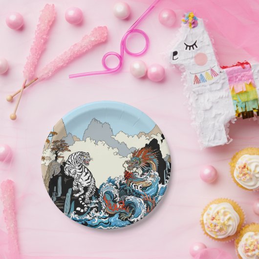 ドラゴンとホワイトタイガー。イラストレーションバイインシーマ ペーパープレート (パーティー)
