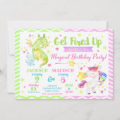 ドラゴンとユニコーンの共同誕生日招待状 招待状 (正面)