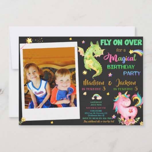 ドラゴンとユニコーンの誕生日の招待ボーイ&ガール 招待状 (正面)