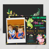 ドラゴンとユニコーンの誕生日の招待ボーイ&ガール 招待状 (正面/裏面)