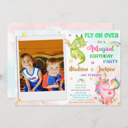 ドラゴンとユニコーンの誕生日の招待ボーイ&ガール 招待状 (正面/裏面)
