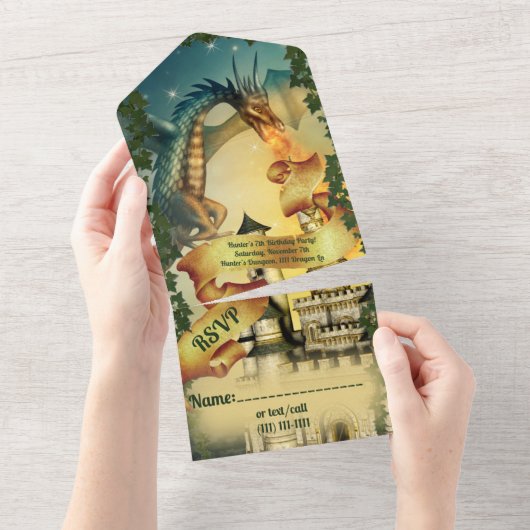 ドラゴンと城の招待状 オールインワン招待状 (貼ってはがせる)