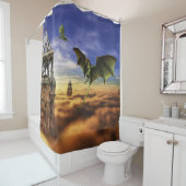 ドラゴンと小妖精や小人フェアリー空ファンタジー風景 シャワーカーテン (インサイチュ)