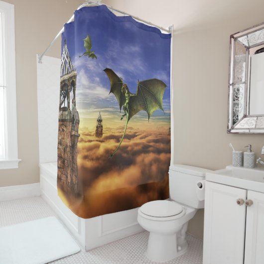 ドラゴンと小妖精や小人フェアリー空ファンタジー風景 シャワーカーテン (インサイチュ)