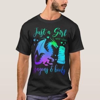 ドラゴンと本が大好きな女の子 ドラゴン リア Tシャツ