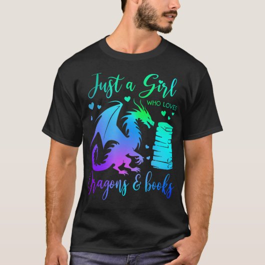 ドラゴンと本が大好きな女の子 ドラゴン リア Tシャツ (正面)