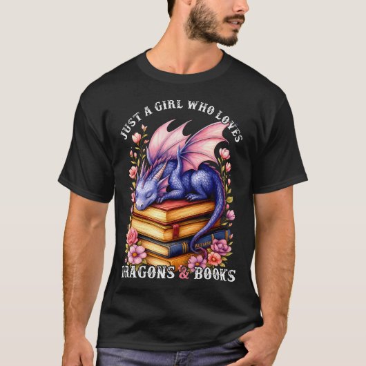 ドラゴンと本が大好きな女の子 ドラゴン・読書愛好家 Tシャツ (正面)