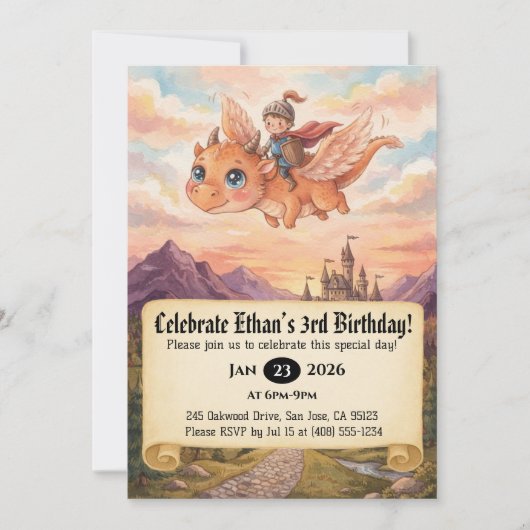 ドラゴンにまたがる小さな騎士の誕生日招待状 招待状 (正面)