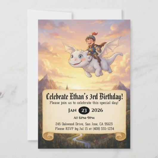 ドラゴンに乗った小さな騎士の誕生日招待状 招待状 (正面)