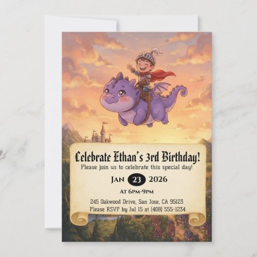 ドラゴンに乗った小さな騎士の誕生日招待状 招待状 (正面)