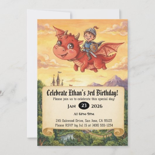 ドラゴンに乗った小さな騎士の誕生日招待状 招待状 (正面)