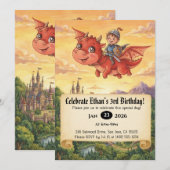 ドラゴンに乗った小さな騎士の誕生日招待状 招待状 (正面/裏面)