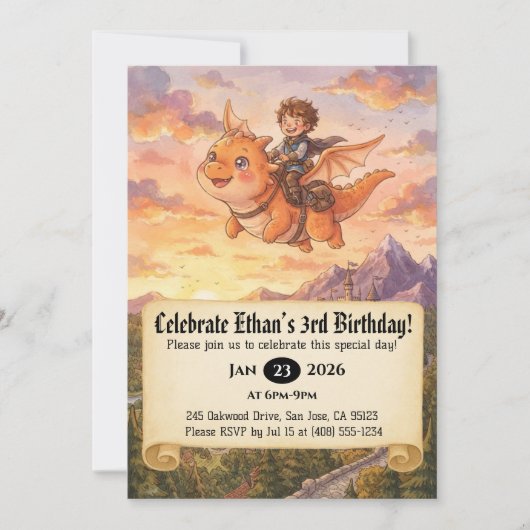 ドラゴンに乗った小さな騎士の誕生日招待状 招待状 (正面)