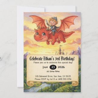 ドラゴンに乗った小さな騎士の誕生日招待状 招待状